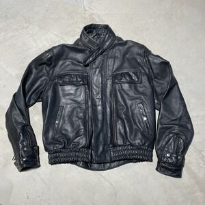 HEAVY THICK MOTORCYCLE BLACK GENUINE LEATHER JACKET Men's SZ 42 Zippers Y2K
